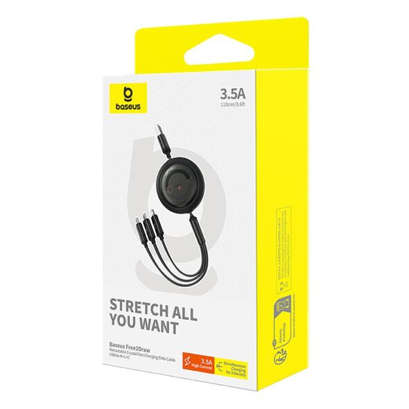 Baseus Free2Draw Retractable Crystal Fast Charging Data Cable USB to M+L+C 3.5A 1.1m Cluster Black 6932172656423