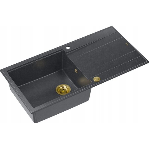 Zlewozmywak GraniteQ EVAN 146 XL GraniteQ zlewozmywak z syfonem Push 2 Open 1-komorowy z/o (1000x500x210| kom. 420x480) black diamond / elementy złote