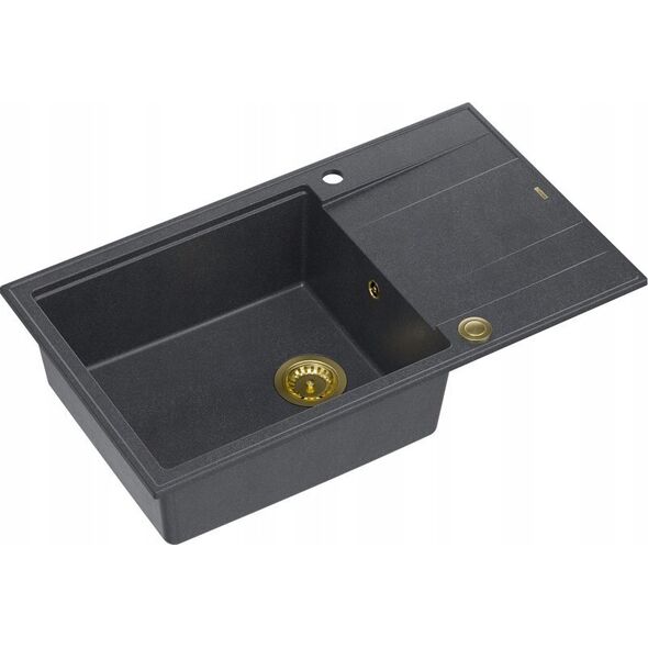 Zlewozmywak GraniteQ EVAN 136 XL GraniteQ zlewozmywak z syfonem Push to Open 1-komorowy z/o (860x500x210| kom. 420x490) black diamond / elementy złote