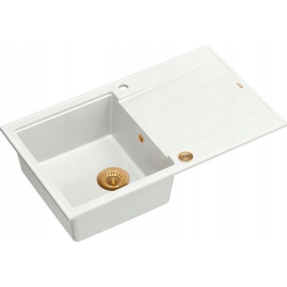Zlewozmywak GraniteQ EVAN 111 GraniteQ zlewozmywak z syfonem Push 2 Open 1-komorowy z/o (860x500x210) snow white / elementy miedziane