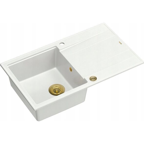 Zlewozmywak GraniteQ EVAN 111 GraniteQ zlewozmywak z syfonem Push 2 Open 1-komorowy z/o (860x500x210) snow white / elementy złote