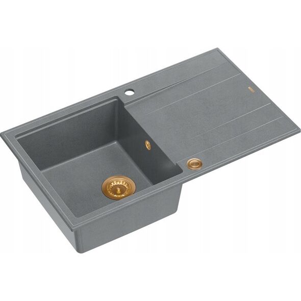 Zlewozmywak GraniteQ EVAN 111 GraniteQ zlewozmywak z syfonem Push 2 Open 1-komorowy z/o (860x500x210) silver stone / elementy miedziane