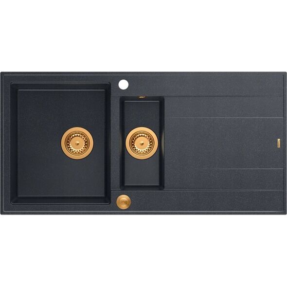 Zlewozmywak GraniteQ EVAN 156 GraniteQ zlewozmywak z syfonem Push To Open 1,5-komorowy z/o (1000x500x210| kom. 420x480) black diamond / elementy miedziane