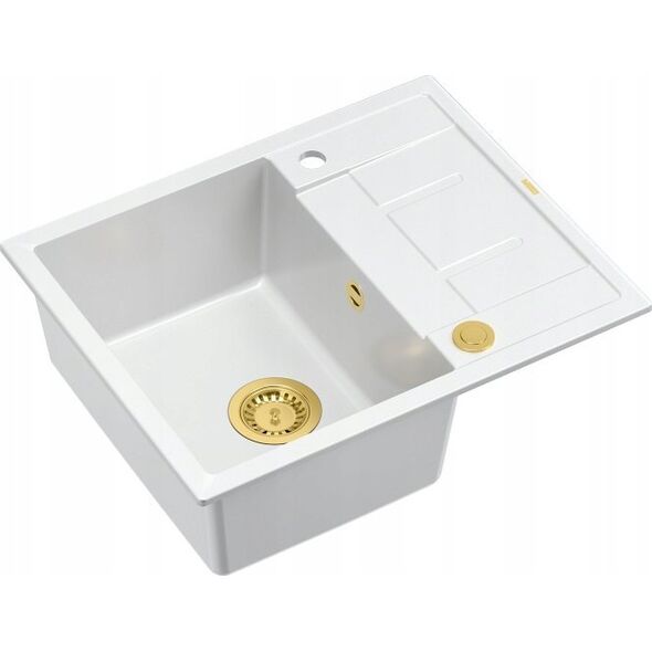 Zlewozmywak GraniteQ MORGAN 116 GraniteQ zlewozmywak snow white z syfonem Push To Open kol. złoty 1-komorowy z/o + zaczepy 4 szt