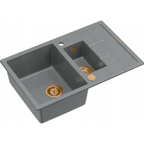 Zlewozmywak GraniteQ MORGAN 156 GraniteQ zlewozmywak silver stone z syfonem Push To Open okrągły 1,5-komorowy z/o / elementy miedziane
