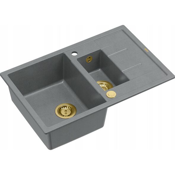Zlewozmywak GraniteQ MORGAN 156 GraniteQ zlewozmywak silver stone z syfonem Push To Open okrągły 1,5-komorowy z/o / elementy złote
