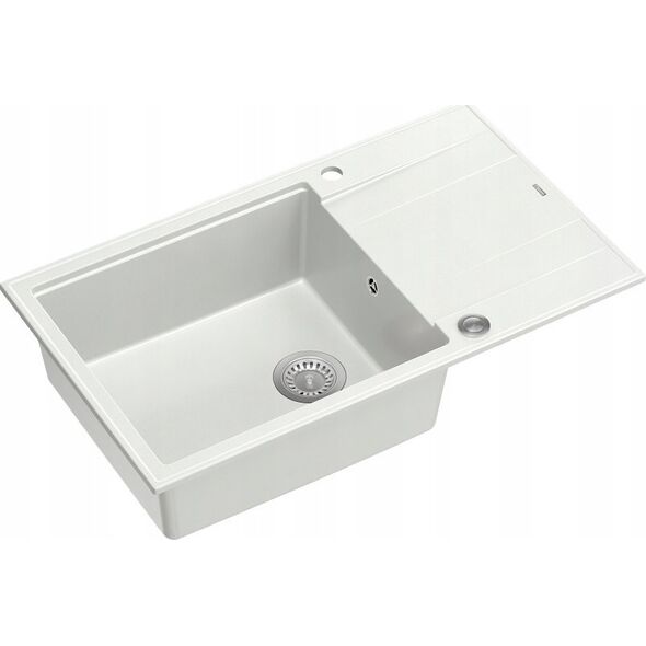 Zlewozmywak GraniteQ EVAN 136 XL GraniteQ zlewozmywak z syfonem Push To Open 1-komorowy z/o (860x500x210| kom. 420x490) snow white / elementy stalowe