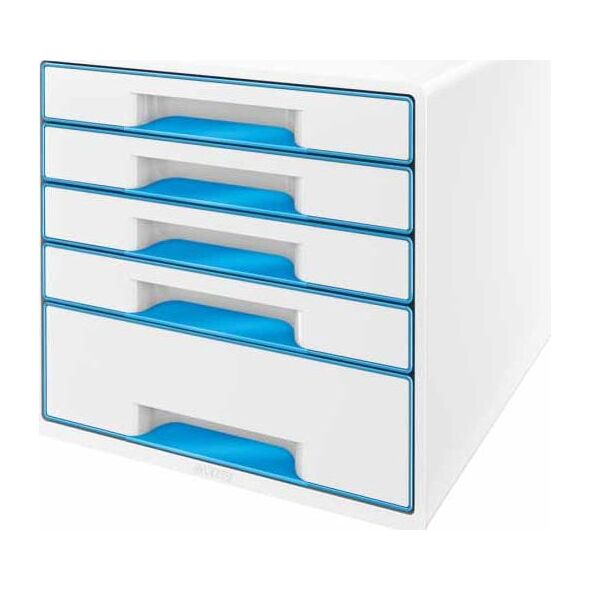 Leitz LEITZ CUBE WOW Schubladen Box perlweiss-blau mit 5 Schubladen. Robust und stabil in ansprechendem 2-farbigem WOW Design in Hochglanz - 52142036