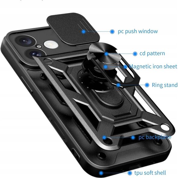 Etui Hybrid Armor Camshield na iPhone 16 pancerne z osłoną na aparat z podstawką - czarne