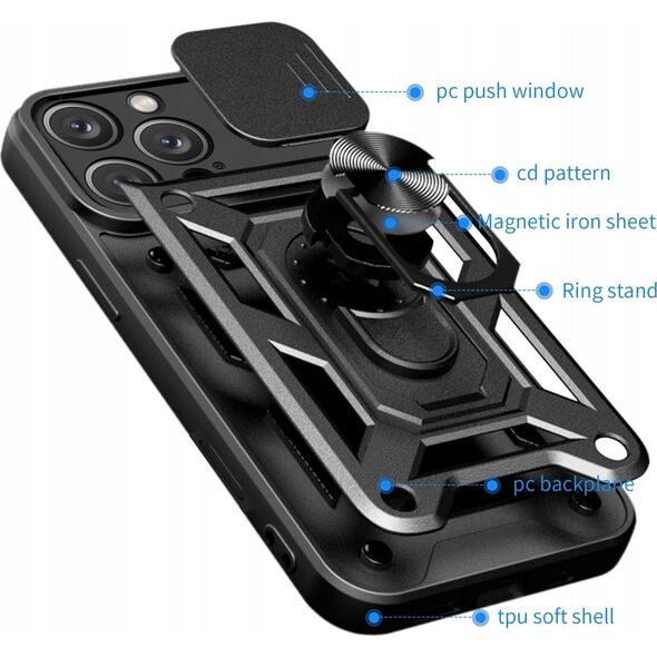 Etui Hybrid Armor Camshield na iPhone 16 Pro Max pancerne z osłoną na aparat z podstawką - czarne