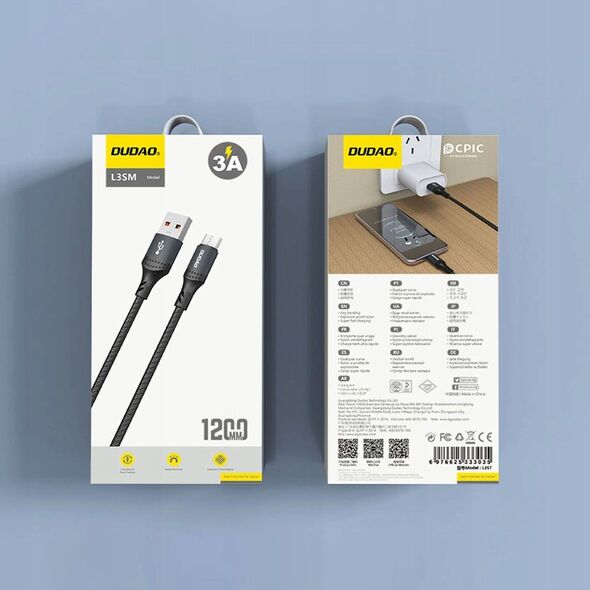 Kabel Dudao L3SM USB-A - MicroUSB 3A 1,2m z oplotem - czarny