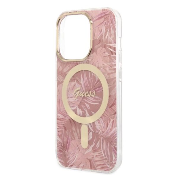 Guess GUBPP14LHJEACSP Case + Wireless Charger Apple iPhone 14 Pro pink hard case Jungle MagSafe