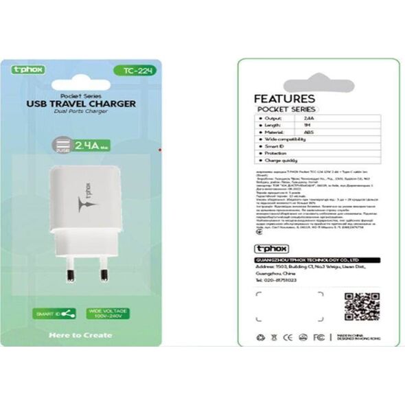 Ładowarka T-Phox ŁAD SIEC T-PHOX POCKET SERIES 2xUSB TCC-224 12W 2.4A WHITE