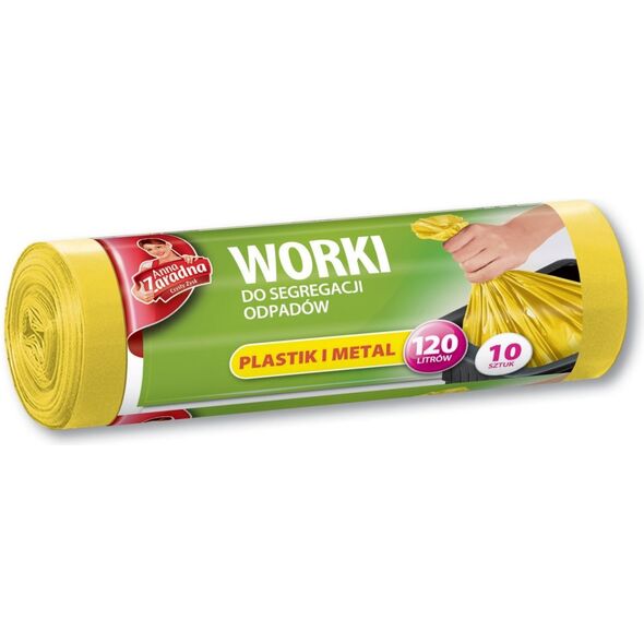 Anna Zaradna Worki na śmieci do segregacji odpadów plastikowych i metalowych LDPE 120L 10szt żółte - AZ1-WNS-7058