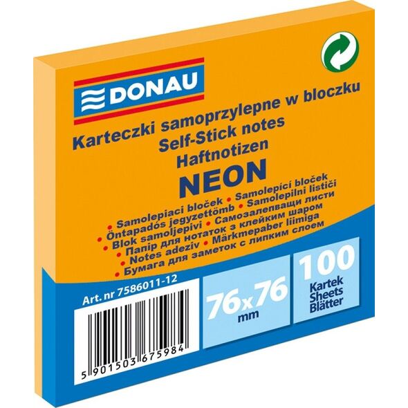Donau BLOCZEK SAMOPRZYLEPNY DONAU, 76X76MM, 1X100 KART., NEON, POMARAŃCZOWY 7586011-12