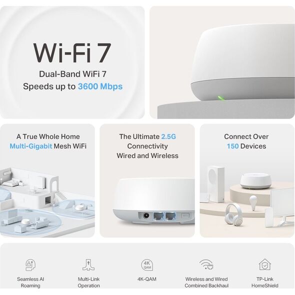 Access Point TP-Link TP-Link DECO BE25(1-PACK) siatkowy system wi-fi Dual-band (2.4 GHz/5 GHz) Wi-Fi 7 (802.11be) Biały 2 Wewnętrzne