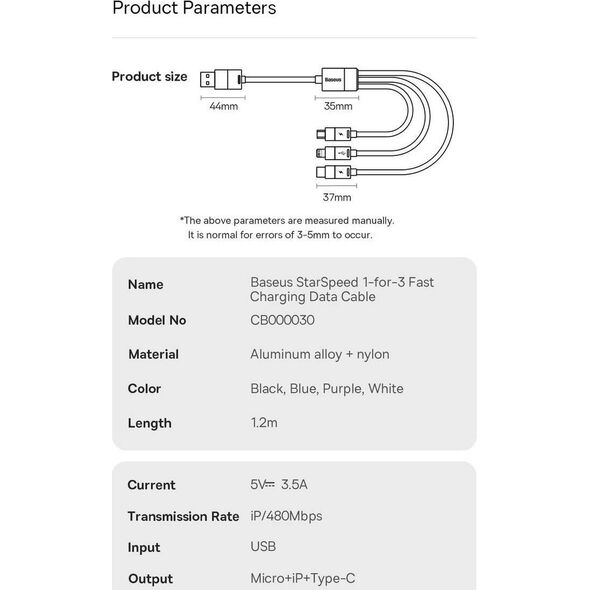 Kabel USB Baseus USB-A - microUSB + Lightning 1.2 m Biały (BSU3940)