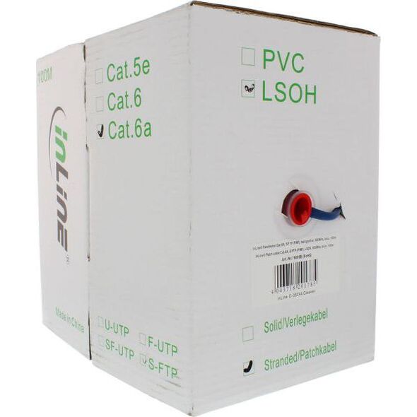 InLine Kabel instalacyjny S/FTP, PiMF, Cat.6A, halogen free, 500MHz, niebieski 100m (76899B)