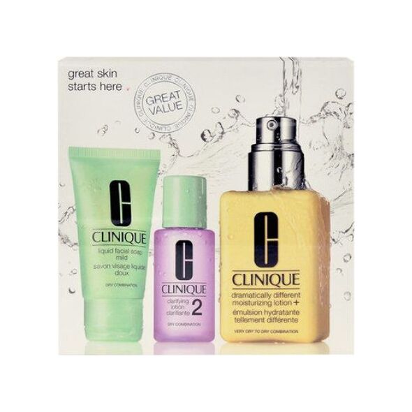 Clinique Zestaw do mycia twarzy Great Skin (W) 30 ml + mleczko oczyszczające 30 ml + drażniący krem nawilżający naturalny 125ml