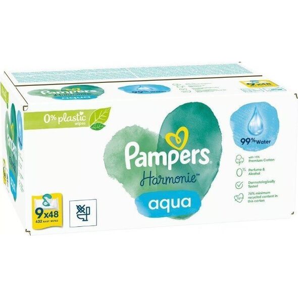Pampers Chusteczki nawilżane Harmonie Aqua 0% plastiku 9x48 szt.