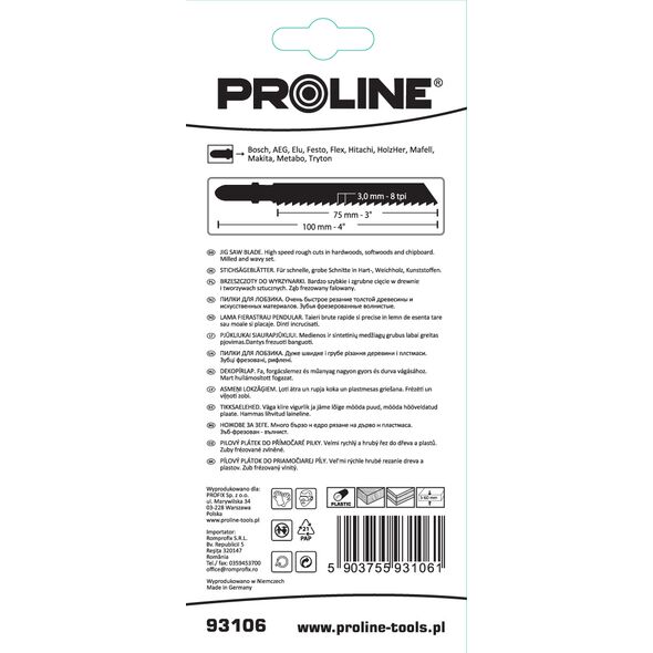 Pro-Line Brzeszczoty do tworzyw sztucznych 75x3mm typ T - 93106