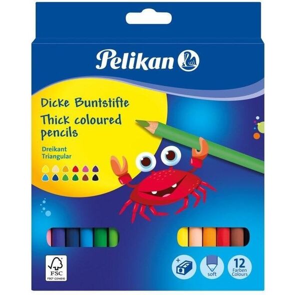 Pelikan Kredki trójkątne grube 12 kolorów + temperówka (0000700160)