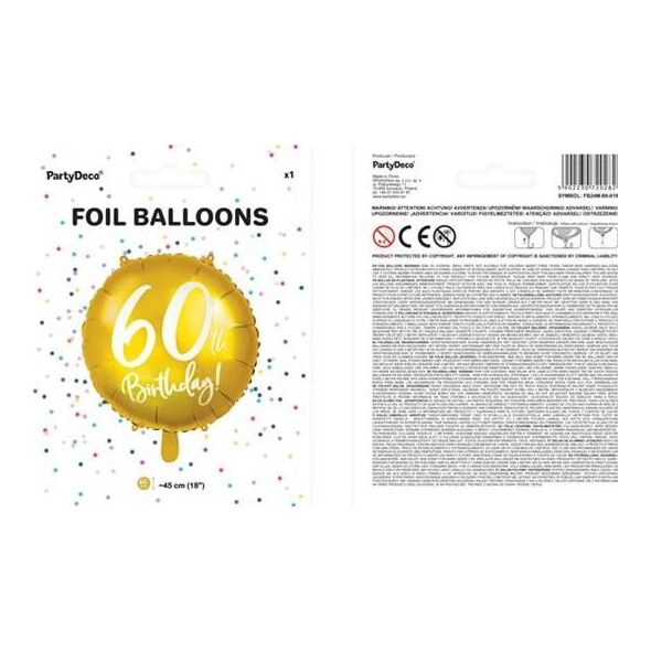 Party Deco Balon foliowy 60th Birthday, złoty, 45 cm uniwersalny