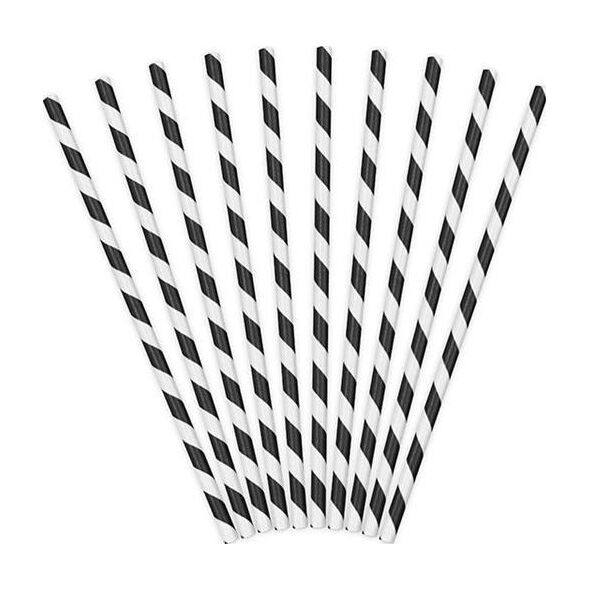 Party Deco Słomki papierowe do picia w paski, czarne, 19,5cm, 10 szt. uniwersalny
