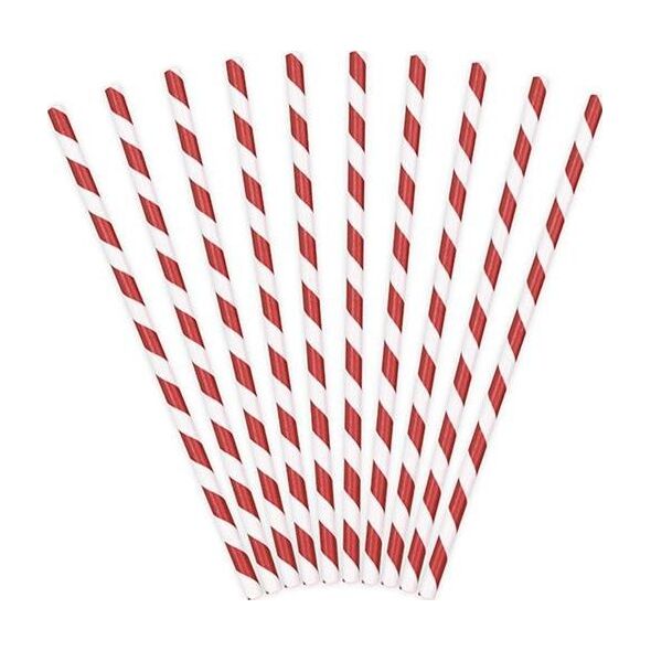 Party Deco Słomki papierowe do picia w paski, czerwone, 19,5cm, 10 szt. uniwersalny