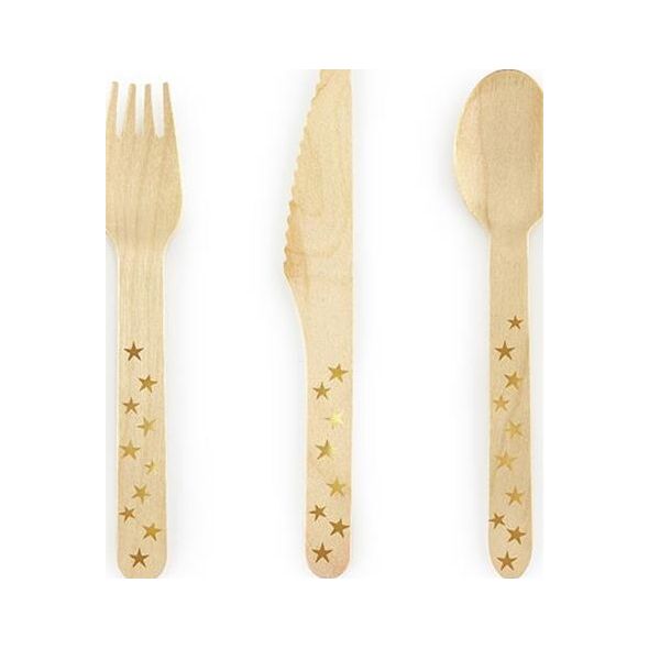 Party Deco Sztućce drewniane Gwiazdki, złote, 16cm, 18 szt. uniwersalny
