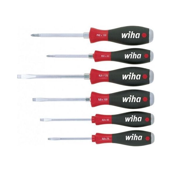 Wiha Zestaw wkrętaków SoftFinish płaski, Phillips 6-części z trzonem sześciokątnym na całej długości i masywnym kołpakiem stalowym (21250)