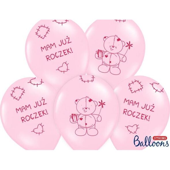 Party Deco Balony na pierwsze urodziny, Miś - Mam już roczek, różowe, 30 cm, 6 szt. uniwersalny