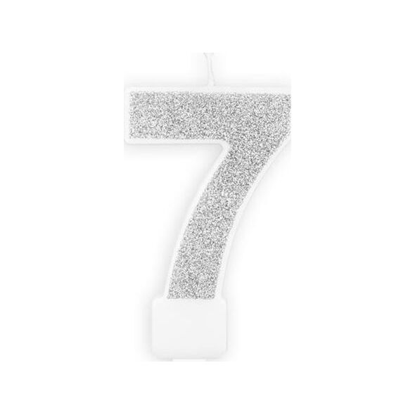 Świeczka urodzinowa, cyferka 7, srebrna brokatowa, 7 cm. uniwersalny