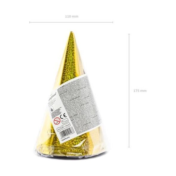 Party Deco Czapeczki imprezowe, holograficzne złote, 17 cm, 6 szt. uniwersalny