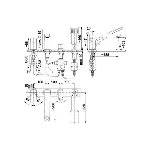 Bateria wannowa KFA Yoka 4-otworowe chrom (5535-210-00)