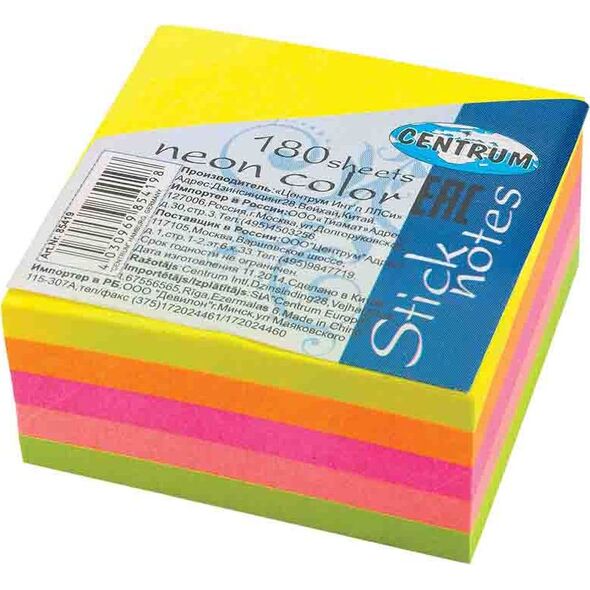 Centrum NOTES SAMOPRZYLEPNY CENTRUM 38X38MM 180 KARTEK 5 KOLORÓW NEONOWYCH