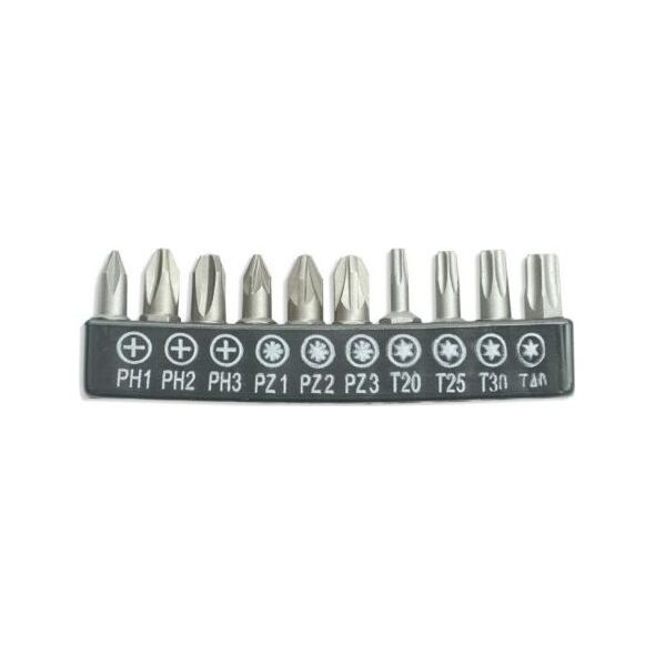 Dedra zestaw bitów 10 sztuk, 25mm: PH1/2/3, PZ1/2/3, T20/25/30/40 (18A07S10)