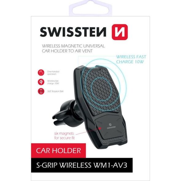 Swissten Uchwyt Samochodowy z ładowaniem indukcyjnym / bezprzewodowym magnetyczny do kratki wentylacyjnej / nawiewu Swissten TYP WM1-AV3 czarny