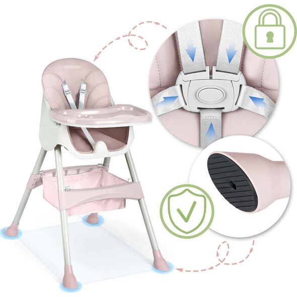 Ricokids Krzesełko do karmienia Milo ze stolikiem różowe (700002)