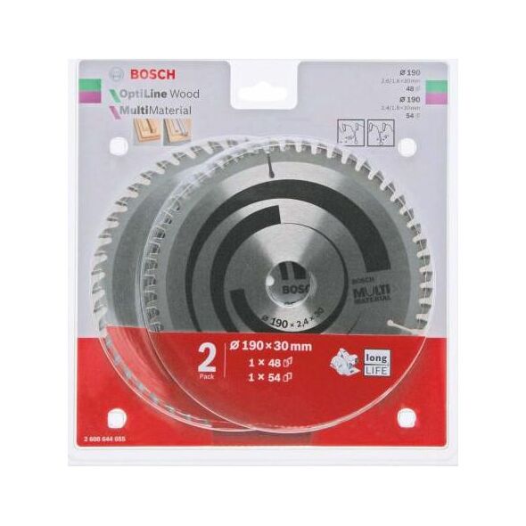 Bosch Piła Tarczowa Dwupak Optiline Wood 190x2,6/1,6x30x48z + Multi Material 190x2,4/1,8x30x54z B2608644655