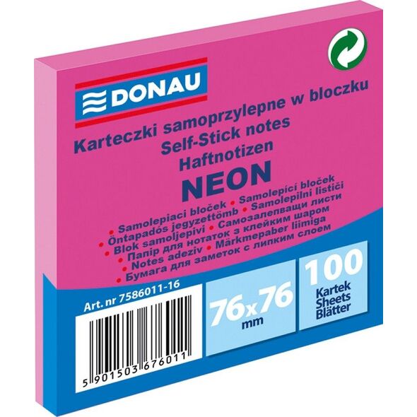 Donau BLOCZEK SAMOPRZYLEPNY, DONAU, 76X76MM, 100K, NEON RÓŻOWY 7586011-16