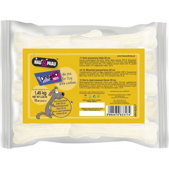 Hau&Miau KOŚĆ PRASOWANA BIAŁA 20cm, 10szt/op, 1,45 kg/op