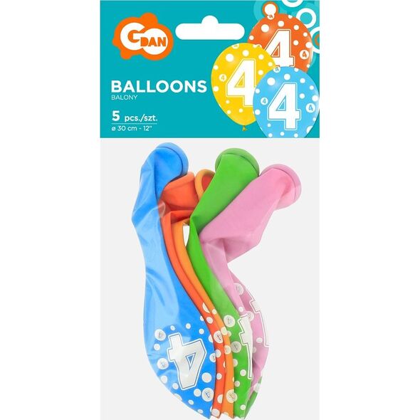 GoDan Balony z cyframi: 4, 12"/ 5 szt. Godan
