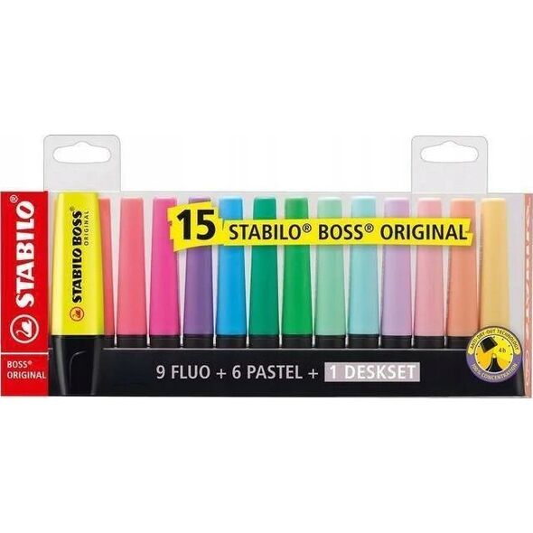 Stabilo ZAKREŚLACZ STABILO BOSS MIX KOLORÓW 15SZT. PASTELOWYCH I NEONOWYCH Z PODSTAWKĄ