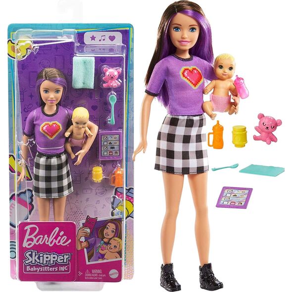 Lalka Barbie Mattel Skipper: Klub opiekunek - Opiekunka fioletowe włosy + bobas (GRP10/GRP11)