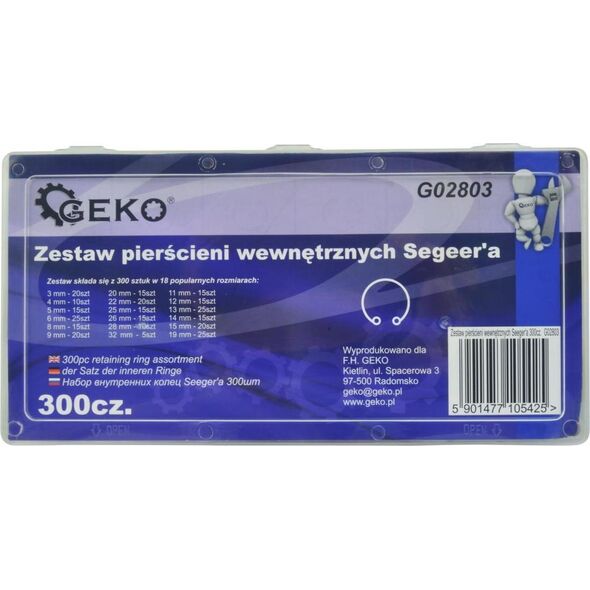 Geko ZESTAW PIERŚCIENI WEWNĘTRZNYCH SEEGER'A 300SZT(20) G02803 GEKO
