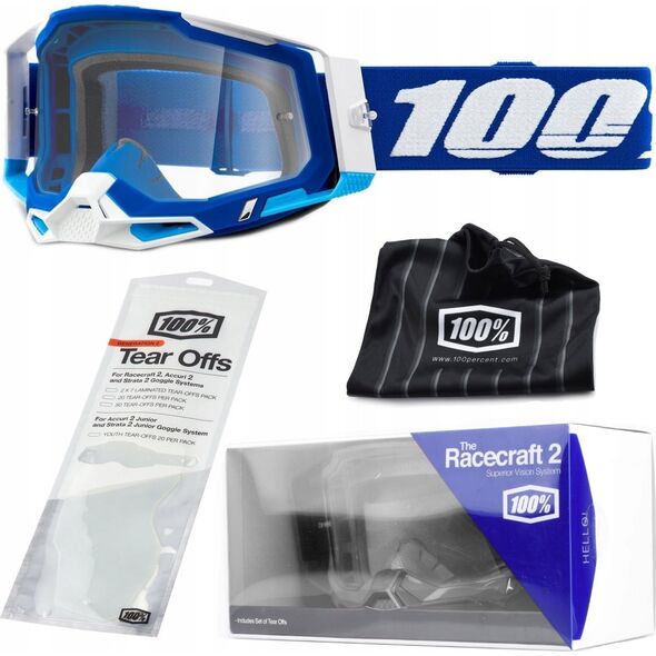 100% Gogle 100% RACECRAFT 2 BLUE (Szyba Przezroczysta Anti-Fog, LT 88%-92% + 10 Zrywek) (NEW)