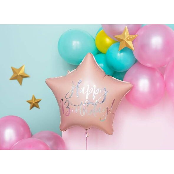 Party Deco Balon foliowy Happy Birthday, 40cm, jasny pudrowy róż