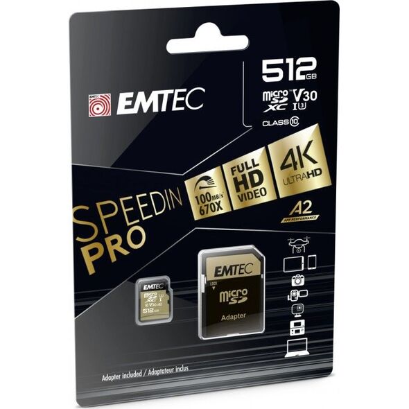 Karta Emtec Speedin Pro MicroSDXC 512 GB Class 10 UHS-I/U3 A2 V30 (ECMSDM512GXC10SP)