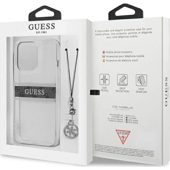 Guess Etui Guess GUHCP13LKB4GGR Apple iPhone 13 Pro Transparent hardcase 4G Grey Strap Charm